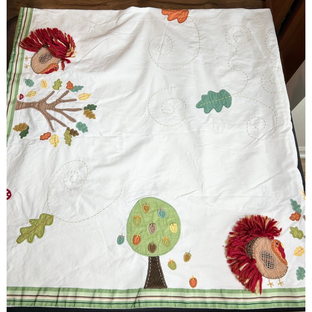 Pottery Barn Kids Turkey Thanksgiving Tablecloth 66x66 White Applique Fall VTG